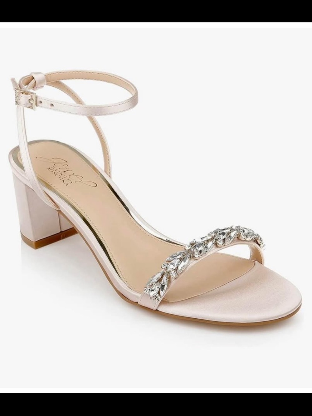Jewel Badgley Mischka Champagne Satin Block Heel Sandals with Crystal Strap